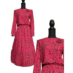 Vtg 80s Red Secretary Dress Via Sant Andrea sz 8  long sleeve Shirtdress Pleated